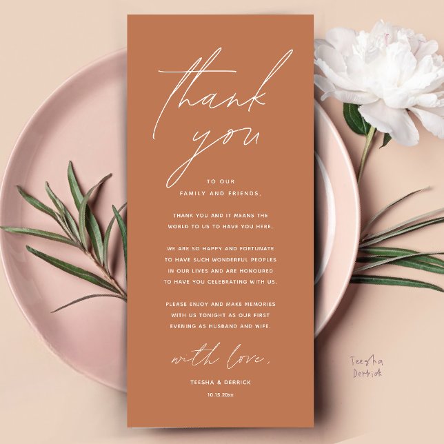 Moderno lugar de cena Boda - Tarjeta de agradecimi (Modern Wedding Dinner Place Setting Thank You Card Reception Brunch Lunch in Copper Brown Terracotta)