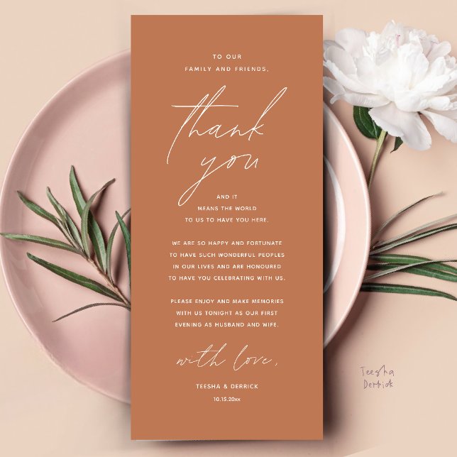 Moderno lugar de cena Boda - Tarjeta de agradecimi (Modern Wedding Dinner Place Setting Thank You Card Reception Brunch Lunch in Copper Brown Terracotta)