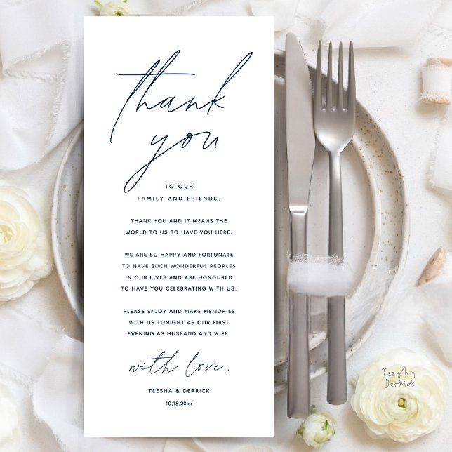 Moderno lugar de cena Boda - Tarjeta de agradecimi (Modern Wedding Dinner Place Setting Thank You Card Reception Brunch Lunch in Navy Blue)