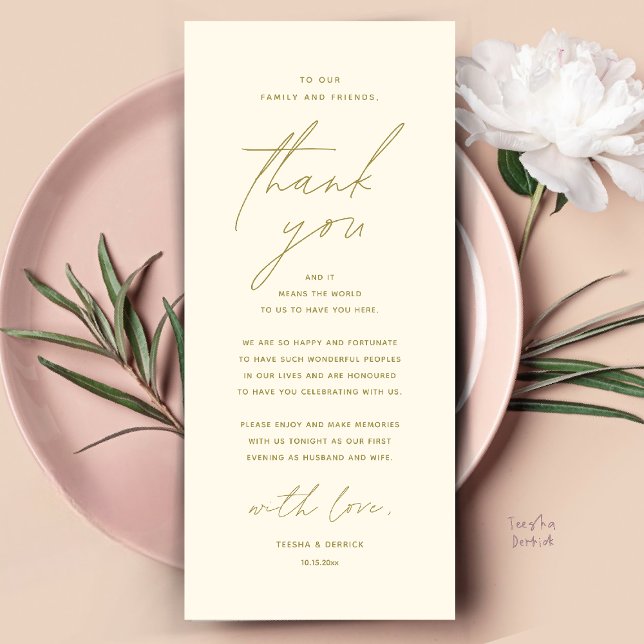 Moderno lugar de cena Boda - Tarjeta de agradecimi (Modern Wedding Dinner Place Setting Thank You Card Reception Brunch Lunch in Warm Yellow Gold)