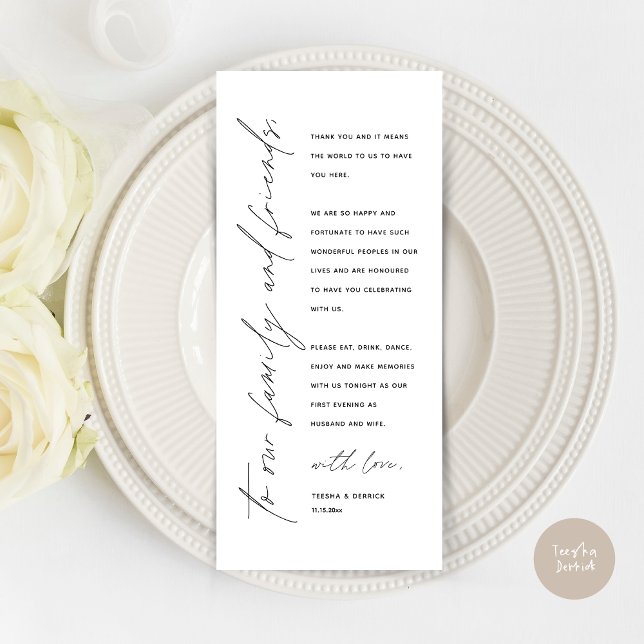 Moderno lugar de cena Boda - Tarjeta de agradecimi (Wedding Dinner Place Setting Thank You Card, Modern Minimalist Script, in Black and White)