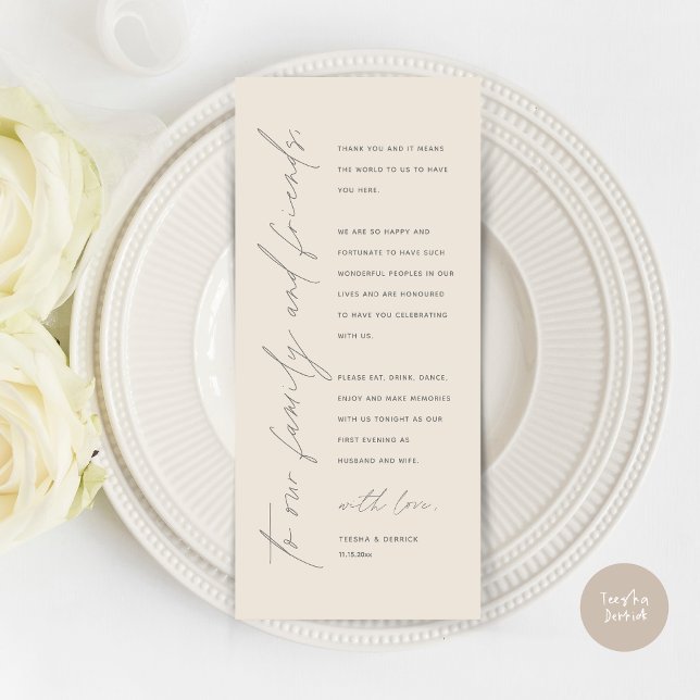 Moderno lugar de cena Boda - Tarjeta de agradecimi (Wedding Dinner Place Setting Thank You Card, Modern Minimalist Script, in Cream and Grey)