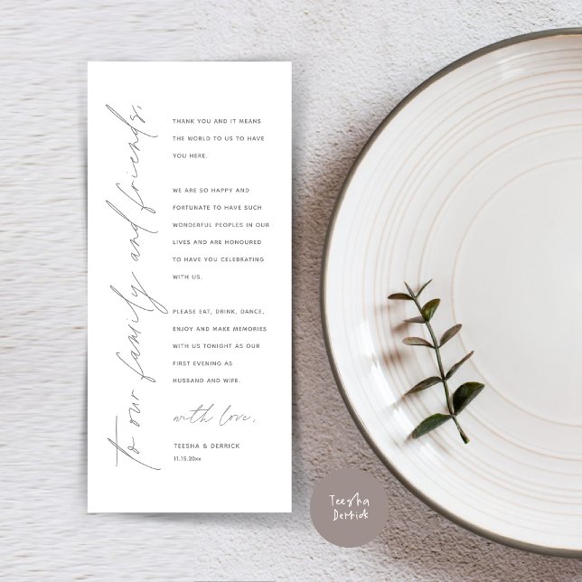 Moderno lugar de cena Boda - Tarjeta de agradecimi (Wedding Dinner Place Setting Thank You Card, Modern Minimalist Script, in Dark Grey)