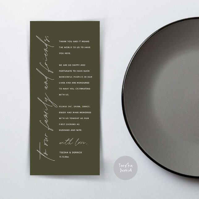 Moderno lugar de cena Boda - Tarjeta de agradecimi (Wedding Dinner Place Setting Thank You Card, Modern Minimalist Script, in Olive Green)