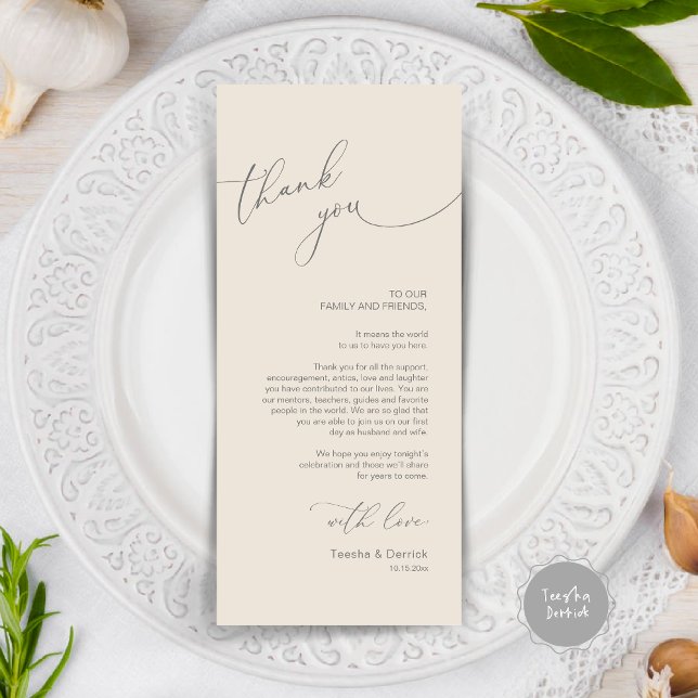 Moderno lugar de cena Boda - Tarjeta de agradecimi (Modern Wedding Dinner Place Setting Thank You Card, in cream and dark grey)