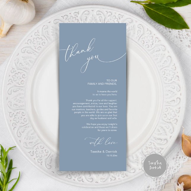 Moderno lugar de cena Boda - Tarjeta de agradecimi (Modern Wedding Dinner Place Setting Thank You Card, in dusty blue)