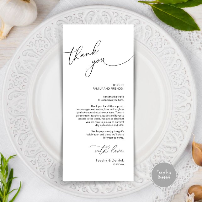 Moderno lugar de cena Boda - Tarjeta de agradecimi (Modern Wedding Dinner Place Setting Thank You Card, in black and white)