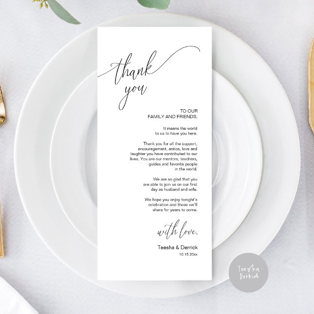Moderno lugar de cena Boda - Tarjeta de agradecimi (Modern Elegant Wedding Dinner Place Setting Thank You Card, in Black and White)