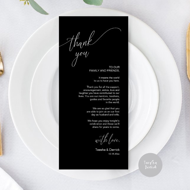 Moderno lugar de cena Boda - Tarjeta de agradecimi (Modern Elegant Wedding Dinner Place Setting Thank You Card, in Classy Black)