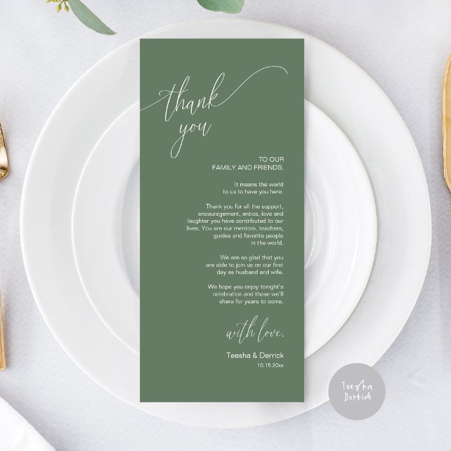 Moderno lugar de cena Boda - Tarjeta de agradecimi (Modern Elegant Wedding Dinner Place Setting Thank You Card, in Forest Sage Green)
