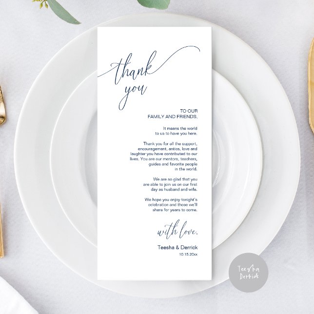 Moderno lugar de cena Boda - Tarjeta de agradecimi (Modern Elegant Wedding Dinner Place Setting Thank You Card, in Navy Blue)