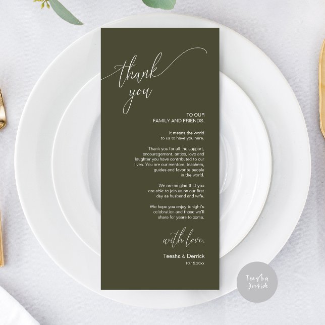 Moderno lugar de cena Boda - Tarjeta de agradecimi (Modern Elegant Wedding Dinner Place Setting Thank You Card, in Olive Green)