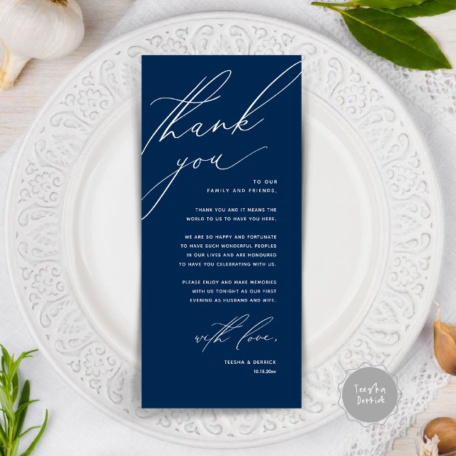 Moderno lugar de cena Boda - Tarjeta de agradecimi (Modern Wedding Dinner Place Setting Thank You Card, Minimalist Navy Blue)