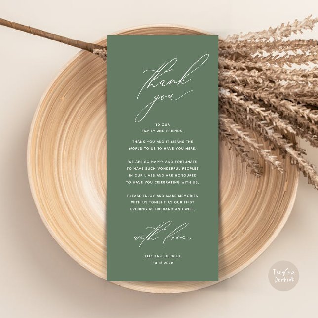 Moderno lugar de cena Boda - Tarjeta de agradecimi (Modern Wedding Dinner Place Setting Thank You Card, Minimalist Forest Sage Green)