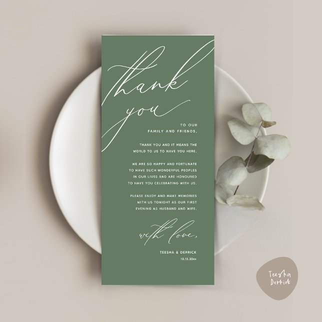 Moderno lugar de cena Boda - Tarjeta de agradecimi (Modern Wedding Dinner Place Setting Thank You Card, Minimalist Forest Sage Green)