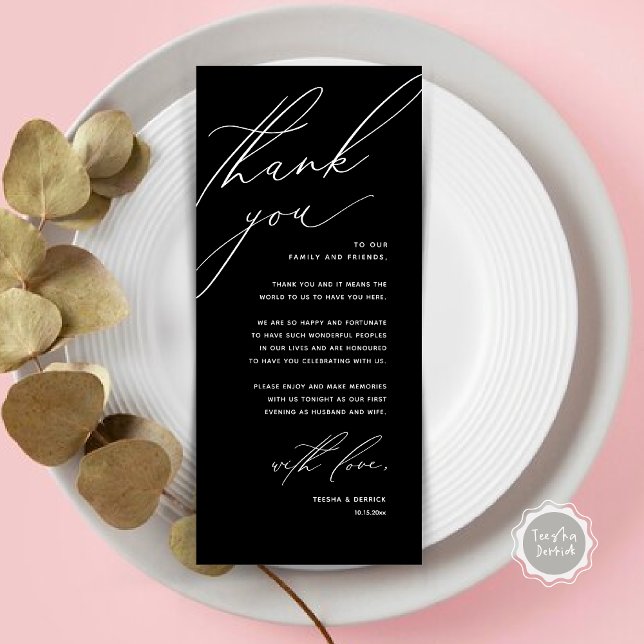 Moderno lugar de cena Boda - Tarjeta de agradecimi (Modern Wedding Dinner Place Setting Thank You Card, Minimalist Classy Black)