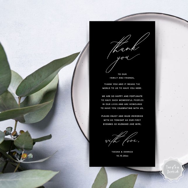 Moderno lugar de cena Boda - Tarjeta de agradecimi (Modern Wedding Dinner Place Setting Thank You Card, Minimalist Classy Black)
