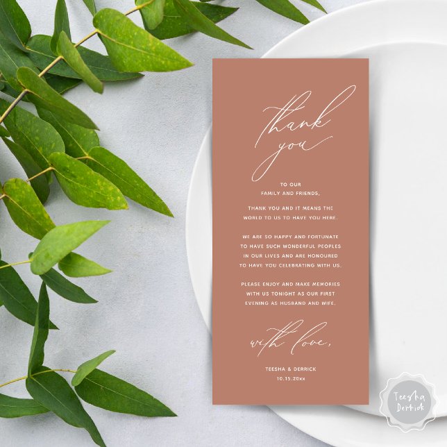 Moderno lugar de cena Boda - Tarjeta de agradecimi (Modern Wedding Dinner Place Setting Thank You Card, Minimalist Terracotta Earthy Brown)