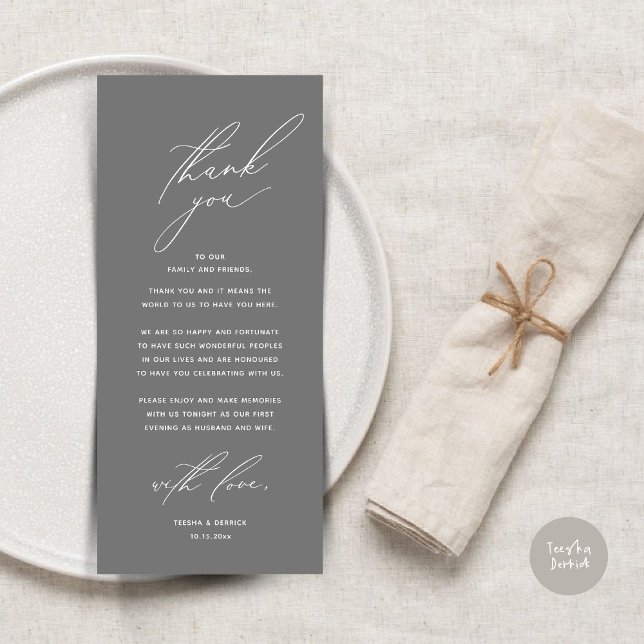 Moderno lugar de cena Boda - Tarjeta de agradecimi (Modern Wedding Dinner Place Setting Thank You Card, Minimalist Dark Grey)