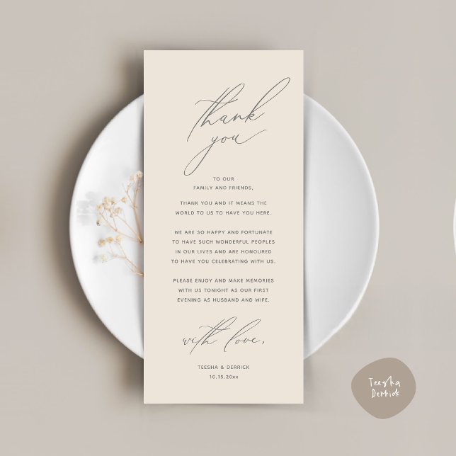 Moderno lugar de cena Boda - Tarjeta de agradecimi (Modern Wedding Dinner Place Setting Thank You Card, Minimalist Cream Grey)
