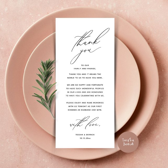 Moderno lugar de cena Boda - Tarjeta de agradecimi (Modern Wedding Dinner Place Setting Thank You Card, Minimalist Black White)