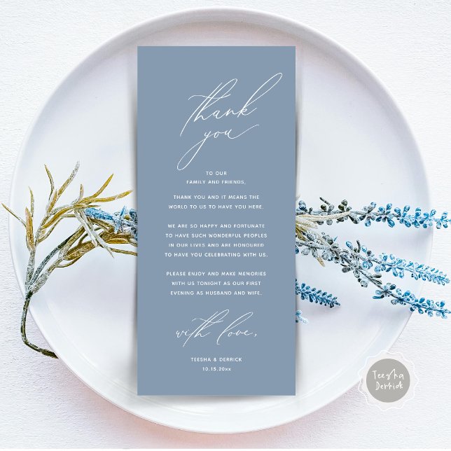 Moderno lugar de cena Boda - Tarjeta de agradecimi (Modern Wedding Dinner Place Setting Thank You Card, Minimalist Dusty Blue)