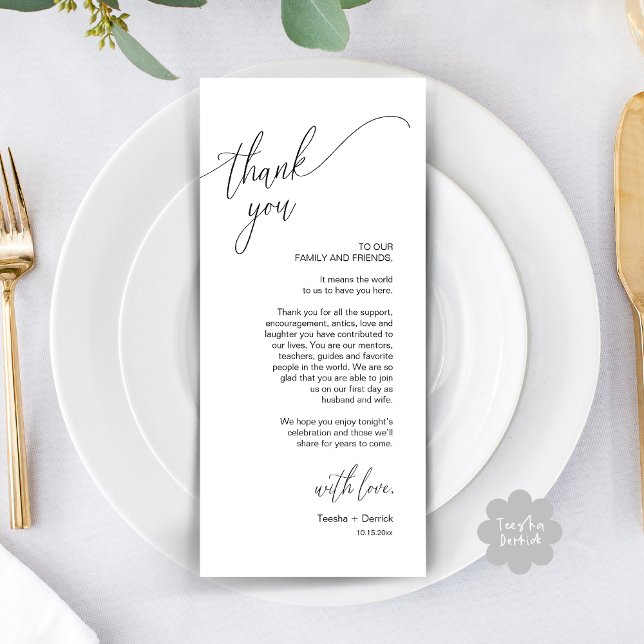 Moderno lugar de cena Boda - Tarjeta de agradecimi (Modern Wedding Dinner Brunch Place Setting Thank You Card romantic in aesthetic classy white black)