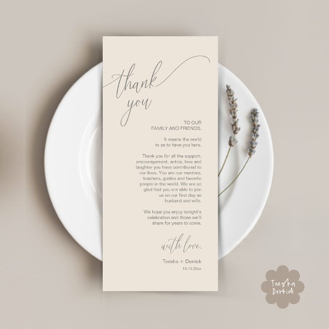 Moderno lugar de cena Boda - Tarjeta de agradecimi (Modern Wedding Dinner Brunch Place Setting Thank You Card romantic in aesthetic Cream Grey)