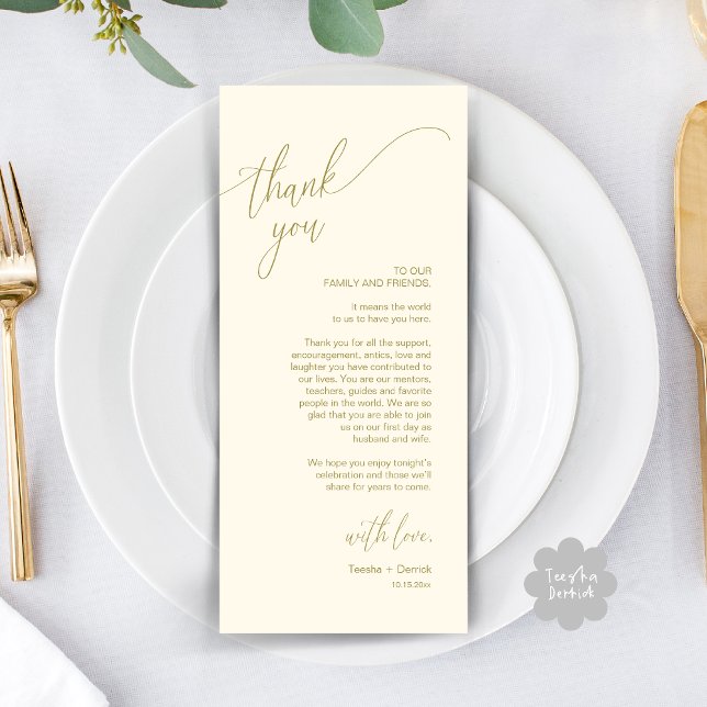 Moderno lugar de cena Boda - Tarjeta de agradecimi (Modern Wedding Dinner Brunch Place Setting Thank You Card romantic in aesthetic Yellow Gold)