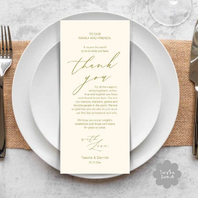 Moderno lugar de cena Boda - Tarjeta de agradecimi (Modern Minimalist Wedding Dinner Place Setting Thank You Card in aesthetic yellow gold)
