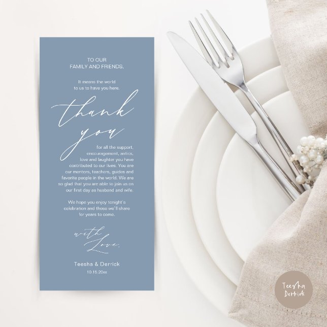 Moderno lugar de cena Boda - Tarjeta de agradecimi (Modern Minimalist Wedding Dinner Place Setting Thank You Card in aesthetic dusty blue)