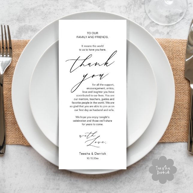 Moderno lugar de cena Boda - Tarjeta de agradecimi (Modern Minimalist Wedding Dinner Place Setting Thank You Card in Black White)