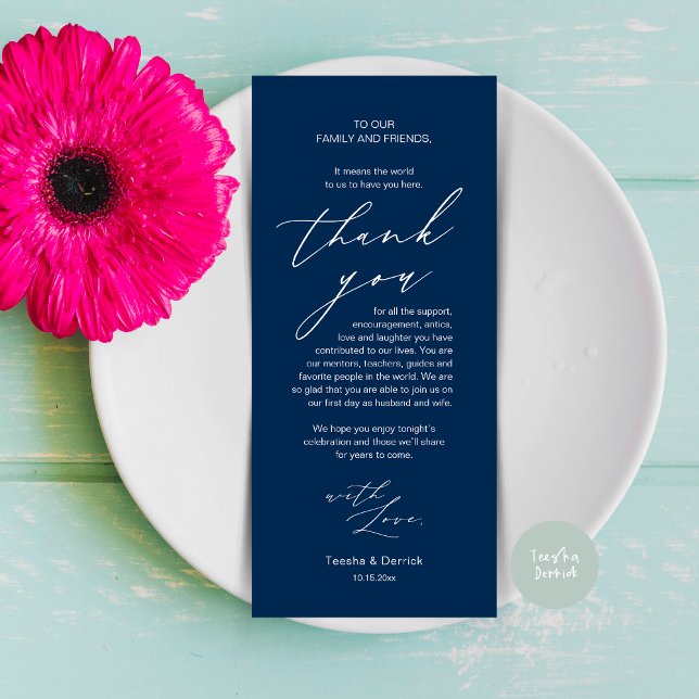 Moderno lugar de cena Boda - Tarjeta de agradecimi (Modern Minimalist Wedding Dinner Place Setting Thank You Card in Navy Blue)