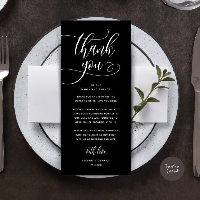 Moderno lugar de cena Boda - Tarjeta de agradecimi (Wedding Dinner Place Setting Thank You, Welcome and Thanks Card, in Classy Black)