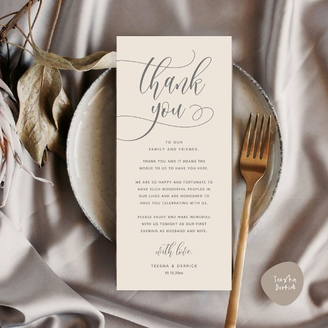Moderno lugar de cena Boda - Tarjeta de agradecimi (Wedding Dinner Place Setting Thank You, Welcome and Thanks Card, in Classy Cream Grey)