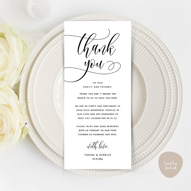 Moderno lugar de cena Boda - Tarjeta de agradecimi (Wedding Dinner Place Setting Thank You, Welcome and Thanks Card, in Classy White Black)