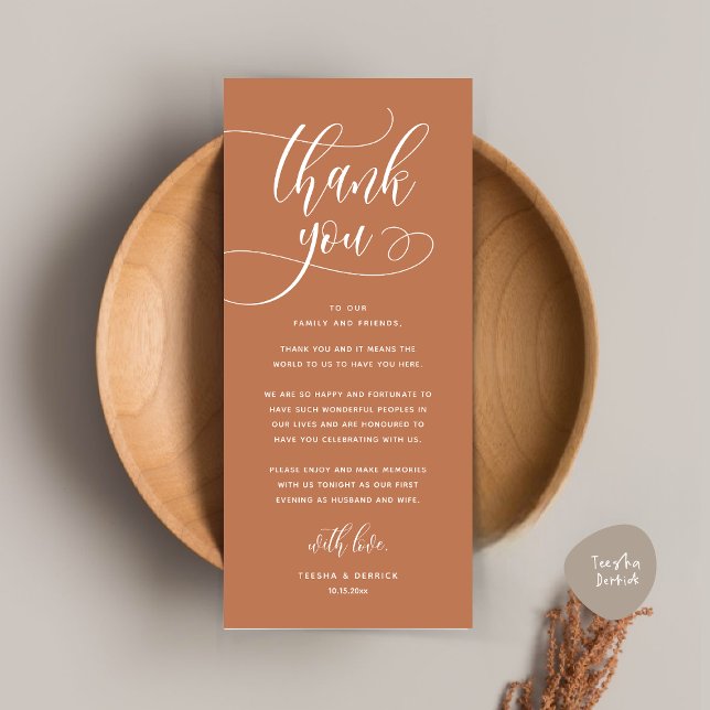 Moderno lugar de cena Boda - Tarjeta de agradecimi (Wedding Dinner Place Setting Thank You, Welcome and Thanks Card, in Classy Copper Brown)