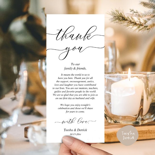 Moderno lugar de cena Boda - Tarjeta de agradecimi (Modern Romantic Wedding Place Setting Thank You Card for Dinner Brunch Lunch Party  in White Black)