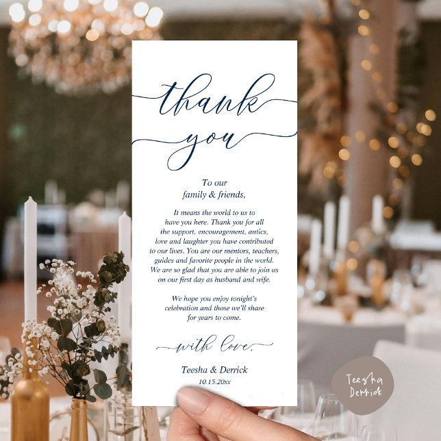 Moderno lugar de cena Boda - Tarjeta de agradecimi (Romantic Wedding Dinner Lunch Brunch Party Place Setting Thank You Card in Classy Navy Blue)