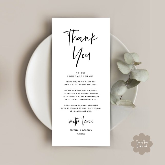 Moderno lugar de cena Boda - Tarjeta de agradecimi (Welcome and Thanks, Modern Wedding Dinner Brunch Party Place Setting Thank You Card White Black)