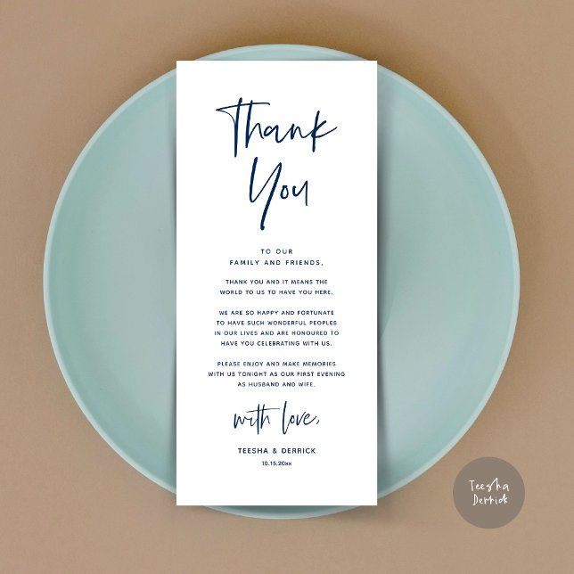Moderno lugar de cena Boda - Tarjeta de agradecimi (Welcome and Thanks, Modern Wedding Dinner Brunch Party Place Setting Thank You Card Navy Blue)