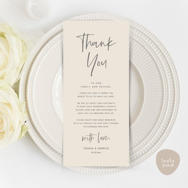 Moderno lugar de cena Boda - Tarjeta de agradecimi (Welcome and Thanks, Modern Wedding Dinner Brunch Party Place Setting Thank You Card Cream Grey)