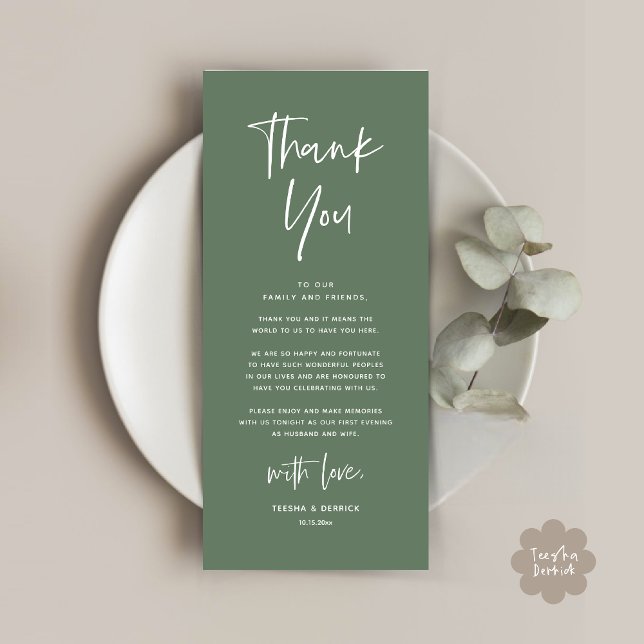 Moderno lugar de cena Boda - Tarjeta de agradecimi (Welcome and Thanks, Modern Wedding Dinner Brunch Party Place Setting Thank You Card Sage Green)