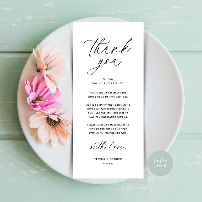 Moderno lugar de cena Boda - Tarjeta de agradecimi (Wedding Dinner Place Setting Thank You Card Modern Romantic Contemporary White Black)