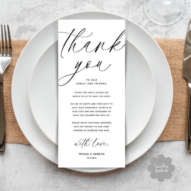 Moderno lugar de cena Boda - Tarjeta de agradecimi (Wedding Dinner Place Setting Thank You Card Modern Romantic Contemporary White Black)