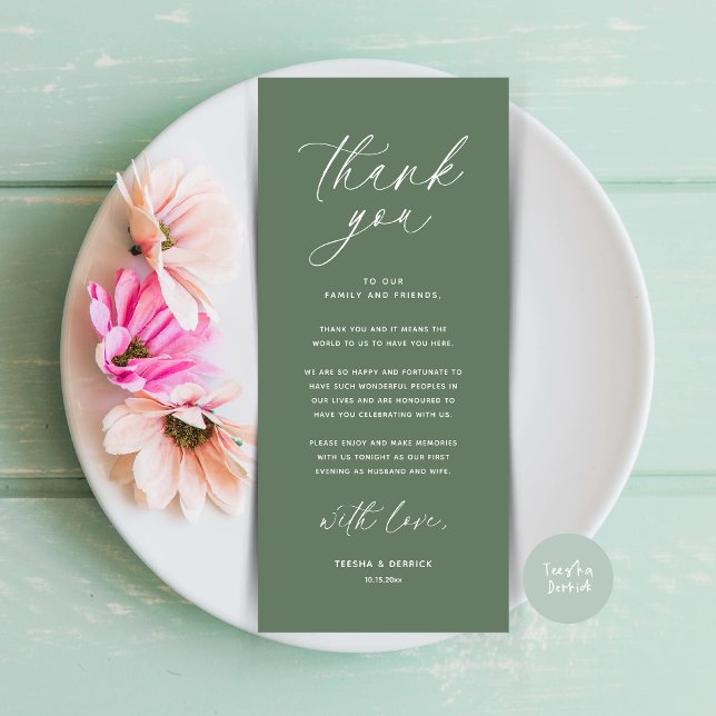 Moderno lugar de cena Boda - Tarjeta de agradecimi (Wedding Dinner Place Setting Thank You Card Modern Romantic Contemporary Classy Sage Green Greenery)