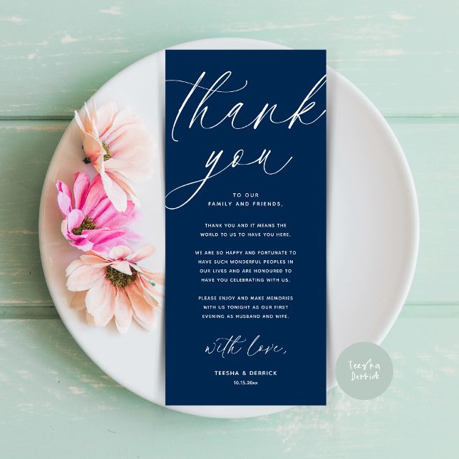 Moderno lugar de cena Boda - Tarjeta de agradecimi (Wedding Dinner Place Setting Thank You Card Modern Romantic Contemporary Navy Blue)