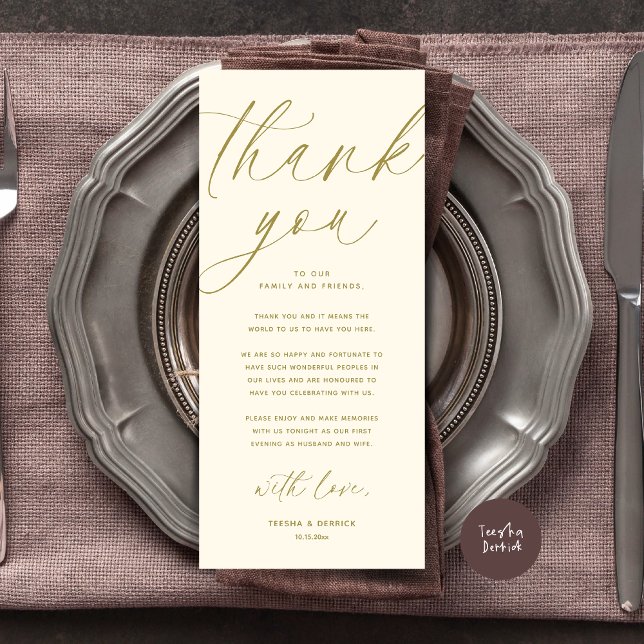 Moderno lugar de cena Boda - Tarjeta de agradecimi (Wedding Dinner Place Setting Thank You Card Modern Romantic Contemporary Classy Yellow Gold)