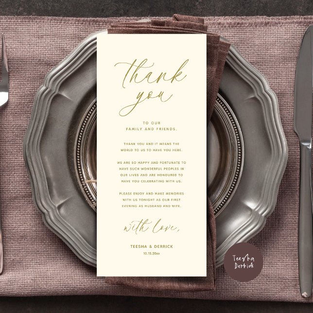 Moderno lugar de cena Boda - Tarjeta de agradecimi (Wedding Dinner Place Setting Thank You Card Modern Romantic Contemporary Classy Yellow Gold)
