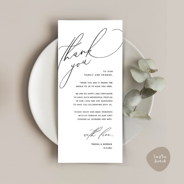 Moderno lugar de cena Boda - Tarjeta de agradecimi (Modern Wedding Dinner Place Setting Thank You Card, Romantic Plate Decor, in Black White)